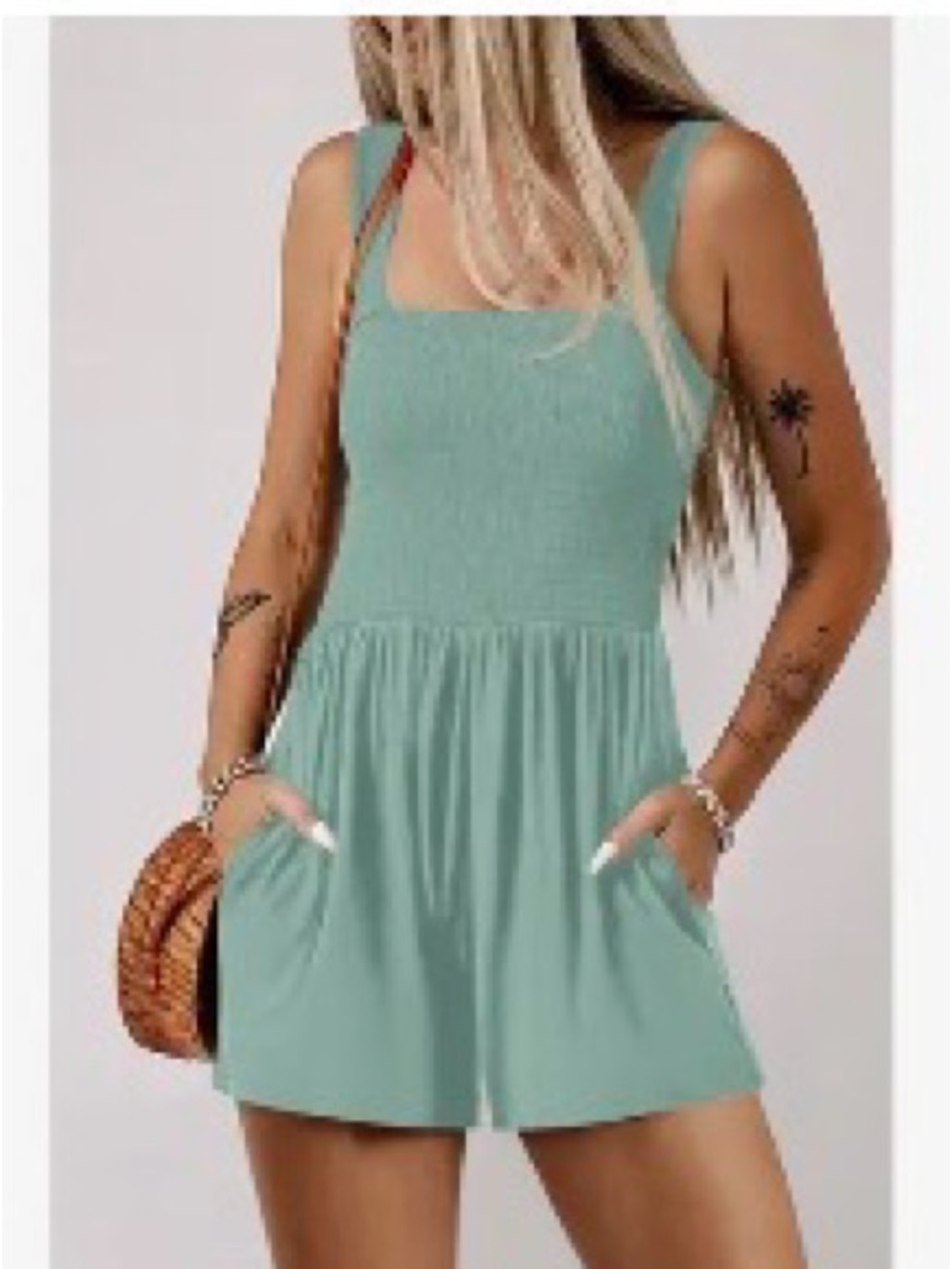 Seafoam Green Smocked Tank Romper with Pockets